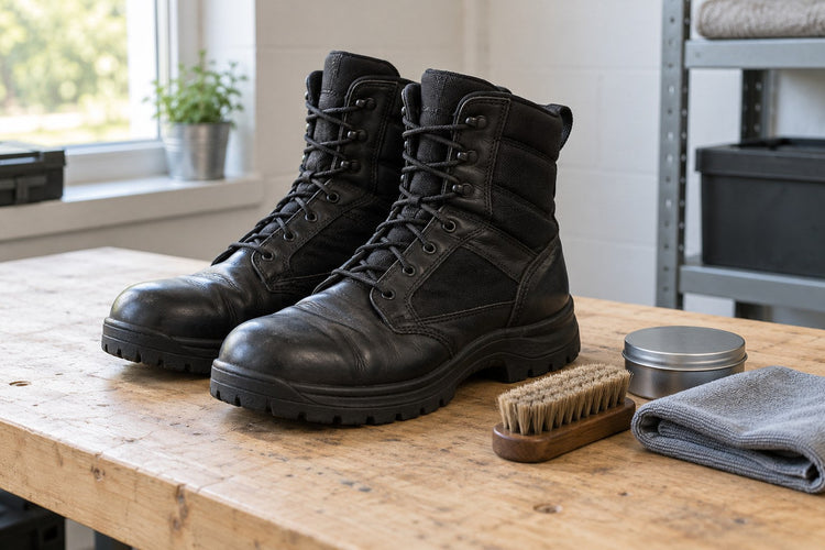 Paire de chaussures d’intervention noires avec brosse et chiffon pour l’entretien