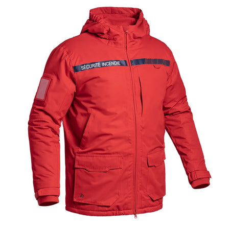 Parka Hardshell SÉCU-ONE WF 150 Sécurité Incendie rouge vue de face avec marquage